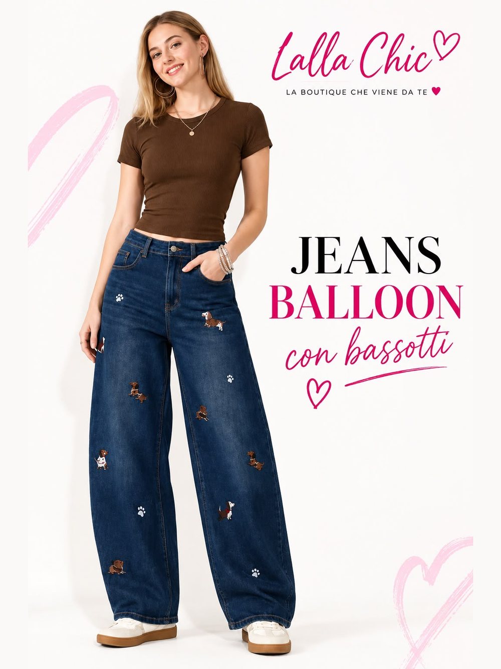 Jeans balloon con piccoli bassotti ricamati
