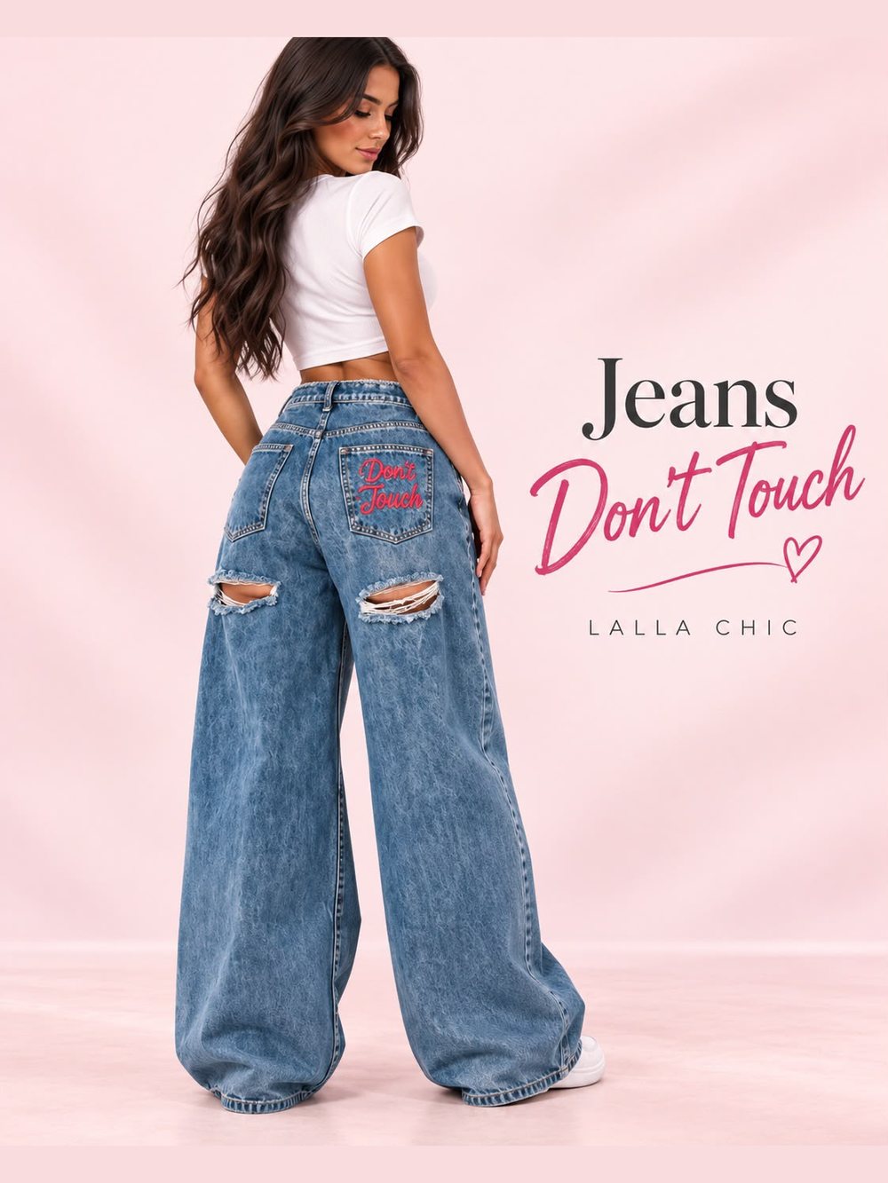 Jeans wide leg con strappi e ricamo Don't Touch sulla tasca